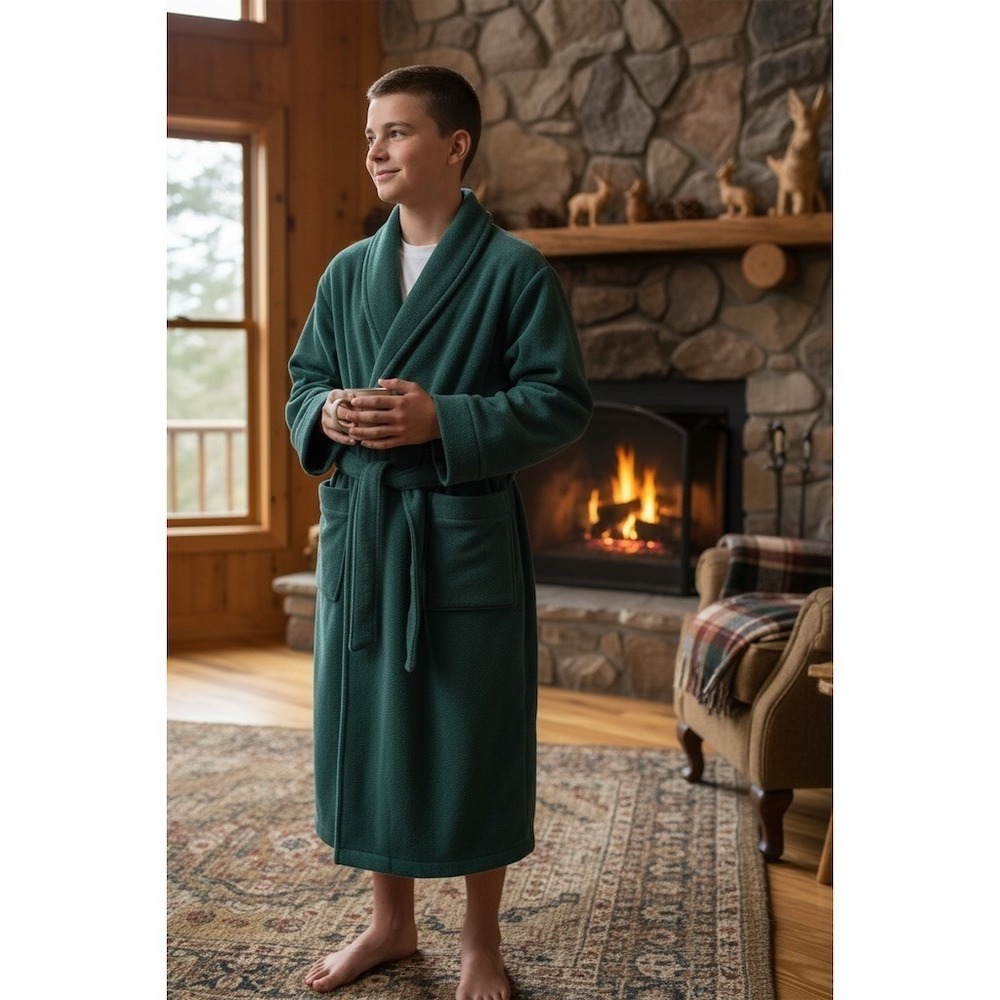 L.L.Bean Kids Bathrobe Unisex Size L 14-16 Green Fleece Shawl‎ Collar cabincore